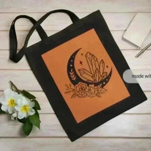 Boho crystal moon fantasy orange and black halloween everyday recycled tote bag